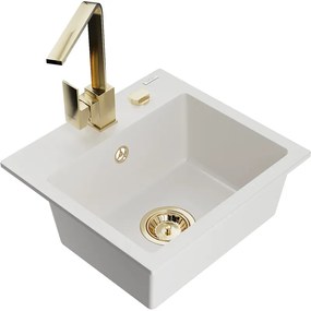 Mexen Milo, 1-komorový granitový drez 435x410x171 mm a zlatá batéria Rita, biela, 6505-20-670300-50