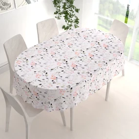 Biante Bavlnený oválny obrus Sandra SA-288 Eukalyptus s ružovými kvetmi na bielom 120x200 cm