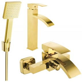 Mexen Libra R45 vysoká umývadlová a vaňová batéria so sprchovou sadou, zlatá, 745113R45-50