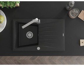 Mexen Cesar, granitový drez 775x470x190 mm, 1-komorový, čierna s chrómovým sifónom a chrómová drezová batéria Rita, 6514-77-670300-00