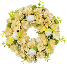 Jarný veniec s drevenými kvetmi a vajíčkami 30 cm