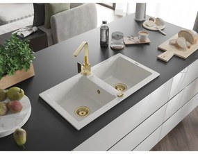 Mexen Mario, granitový drez 820x436x161 mm, 2-komorový, biela so zlatým sifónom a zlatá drezová batéria Rita, 6504-20-670300-50