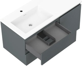 Mexen Rivel, kúpeľňová skrinka 100 cm s ľavým umývadlom Otis, 2S, 1D, drážkovaná, grafitová/biela matná, 91A23-10047-3-BBFFF66-W18L01
