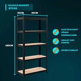 Regál s vysokou nosnosťou HEAVY, max. 875kg, 90x40x180cm, čierna Jurhan