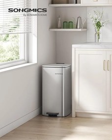 30 litrový oceľový pedalový odpadkový kôš s vnútorným vedrom, metalická strieborná
