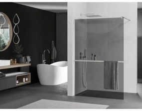 Mexen Kioto+, sprchová zástena Walk-In s poličkou a vešiakom 110 x 200 cm, 8mm šedé sklo, brúsená oceľ profil, 800-110-121-97-40