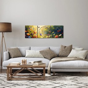 Obraz - Jarná kvetinová lúka, maľba (s hodinami) (90x30 cm)