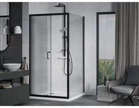 Mexen Apia, sprchový kút s posuvnými dverami 100 (dvere) x 100 (stena) cm, 6mm číre sklo, čierny profil + biela sprchová vanička, 840-100-100-70-00-4010B