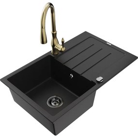 Mexen Bruno, 1-komorový granitový drez 795x495x200 mm a drezová batéria Savita, čierna, 6513-77-672601-50-B