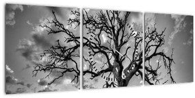 Obraz - Čiernobiely strom (s hodinami) (90x30 cm)