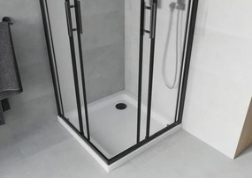 Mexen Rio, štvorcový sprchovací kút s posuvnými dverami 70(dvere) x 70(dvere) x 190 cm, 6mm sklo námraza, čierny profil + biela sprchová vanička SLIM, 860-070-070-70-30-4010B