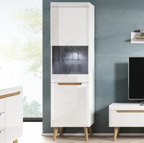 Vysoká vitrína Nordi, dub riviéra/biela lesk