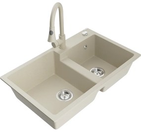 Mexen Tomas, 2-komorový granitový drez 800x500x190 mm a drezová batéria Elia, béžová, 6516-69-670101-69