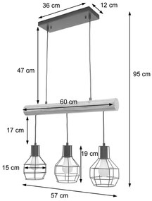 Závesné svietidlo H83 industrial, mriežka 3 74207 - kov / drevo - Čierna