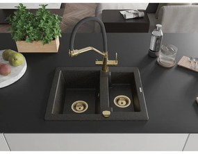 Mexen Carlos, 1,5-komorový granitový drez 582x475x177 mm a drezová batéria Duo, čierna-zlatá metalíza, 6518-75-671701-57-G