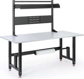 Výškovo nastaviteľný baliaci stôl PROFI, 1800 × 800 × 790–940 mm s s nadstavbou a držiakom role