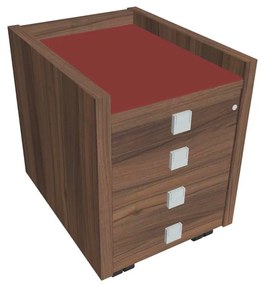 Mobilný kontajner Verno 47 x 60 cm so sklom, 4 zásuvky, orech / červená