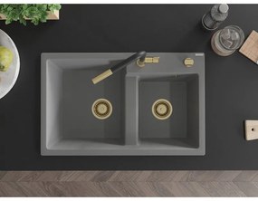 Mexen Tomas, 2-komorový granitový drez 800x500x190 mm a drezová batéria Flora, šedá, 6516-71-670401-57-G