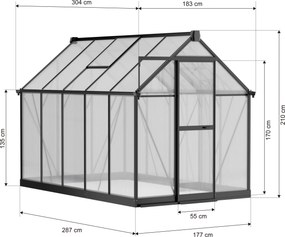 Skleník 210 x 183 x 304 cm, zosilnená konštrukcia, polykarbonát 6 mm