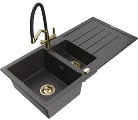 Mexen Andres, granitový drez 1000x500x200 mm, 1,5-komorový a drezová batéria Duo, čierna škvrnitá, 6515-76-671701-57-G