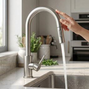 Rea Fresh Touch, vysoká kuchynská batéria s výsuvnou 2-funkčnou spŕškou, brúsená oceľ, REA-B6735