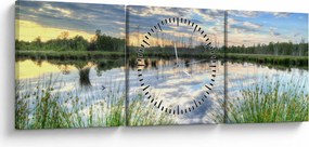 Obraz jazera s tŕstím (s hodinami) (90x30 cm)