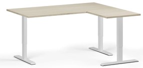 Rohový výškovo nastaviteľný stôl, 160x140 cm, 3 motory, L/P, biela podnož, dub prírodný