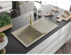 Mexen Leo, granitový drez 900x500x190 mm, 1-komorový a drezová batéria Carla, béžová, 6501-69-670700-50