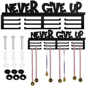 Nástenný vešiak na medaily NEVER GIVE UP čierny