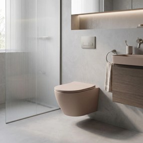 Rea Carlo Mini, závesná WC misa Rimless Tornado so sedadlom, béžová matná, REA-C4599