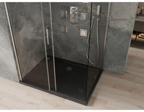 Mexen Omega, sprchový kút s posuvnými dverami 120 (dvere) x 80 (stena) cm, 8mm číre sklo, chrómový profil + slim sprchová vanička čierna + chrómový sifón, 825-120-080-01-00-4070