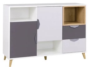 Komoda Juna 7 (biela + grafit + sivá + dub lefkas). Akcia -19%. Vlastná spoľahlivá doprava až k Vám domov. 1087403