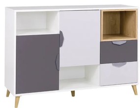 Komoda Juna 7 (biela + grafit + sivá + dub lefkas). Akcia -21%. Vlastná spoľahlivá doprava až k Vám domov. 1087403
