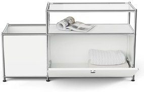 Kovová nízka skrinka »CN3« s výklopným priečinkom a sklenenou doskou, biela