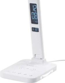 LED stolná lampa, bezdrôtové nabíjanie, voľba intenzity svetla, s displejom, hodiny, budík, teplomer, 4 W, biela