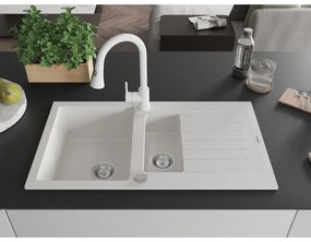 Mexen Matias, 1,5-komorový granitový drez 900x505x200 mm a drezová batéria Elia, biela, 6502-20-670101-20