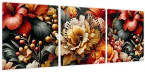 Obraz - Oranžovo-červené kvety (s hodinami) (90x30 cm)