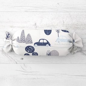 Biante Detský vankúš valec bonbon Sandra SA-685 Modré autá medzi stromami na bielom 15x80 cm