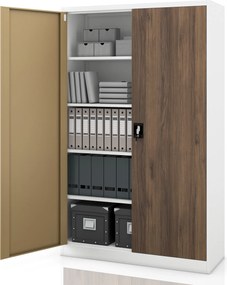 Kancelárska kovová skriňa na spisy biela / orech: Eco Design JAN II, 1150 x 1850 x 400 mm