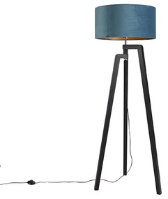 Stojaca lampa trojnožka čierna s modrým tienidlom a zlatom 50 cm - Puros
