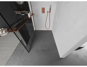 Mexen Kioto+ L, sprchová zástena Walk-In s poličkou a vešiakom 90 x 200 cm, 8mm číre sklo čierny vzor, ružové zlato profil, 800-090-123-60-78