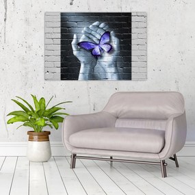 Obraz - Fialový motýľ na stene (90x60 cm)