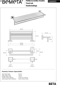 Bemeta Design BETA: Držiak uterákov, 600 mm, s hrazdou - 132205072