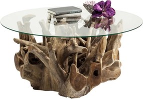 Sklenený odkladací stolík s podstavcom z teakového dreva Kare Design Roots, Ø 100 cm