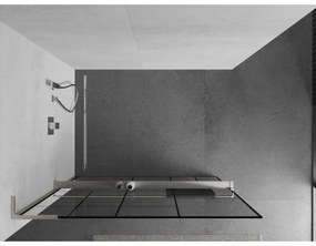 Mexen Kioto+ L, sprchová zástena Walk-In s poličkou a vešiakom 100 x 200 cm, 8mm číre sklo čierny vzor, brúsená oceľ profil, 800-100-123-97-78