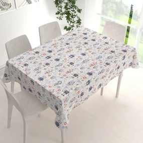Biante Detský bavlnený obdĺžnikový obrus Sandra SA-584 Svet robotov na sivo-bielom 140x220 cm