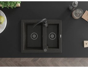 Mexen Carlos, granitový drez 582x475x177 mm, 1,5-komorový, čierna-zlatá metalíza s čiernym sifónom, 6518581500-75-B