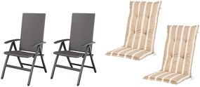 Livarno home Skladacie kreslo Valencia, 2 kusy, sivé + Podložka na kreslo s vysokým operadlom Valencia/Miami, 2 kusy, pruhy/béžová (800010729)