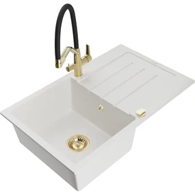 Mexen Bruno, 1-komorový granitový drez 795x495x200 mm a drezová batéria Duo, biela, 6513-20-671701-57-G