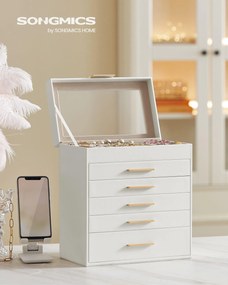 Šperkovnica s skleneným vrchnákom, 6-poschodový organizér na šperky s 5 zásuvkami, 16,3 x 25,1 x 29 cm, oblá biela